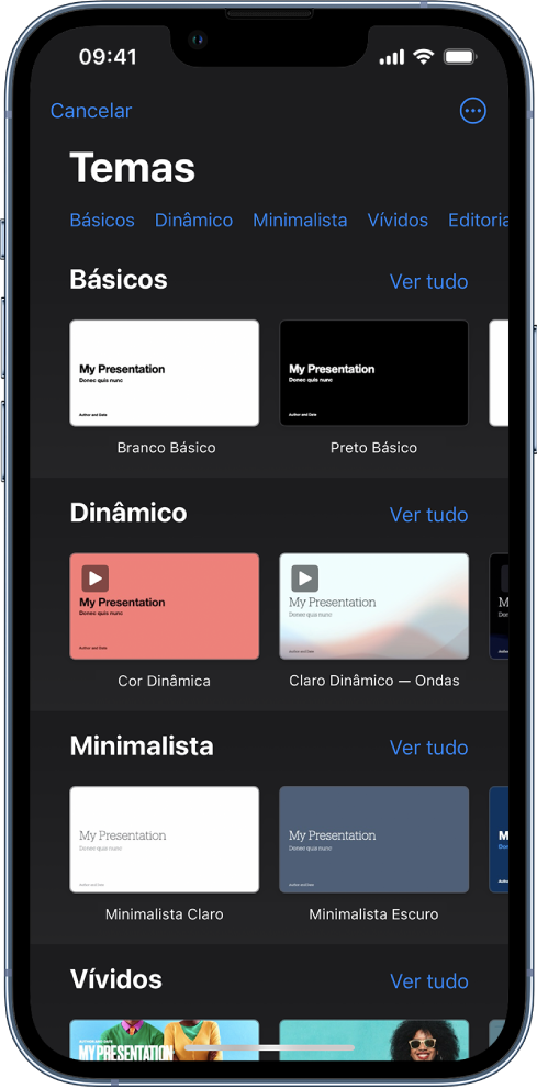 Seletor de temas, mostrando uma linha de categorias na parte superior na qual você pode tocar para filtrar as opções. Abaixo estão miniaturas de temas predefinidos organizados em linhas por categoria.