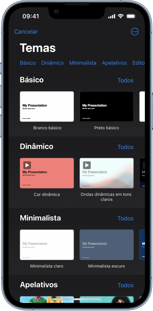 A lista de temas com uma linha de categorias visível na parte superior, na qual é possível tocar para filtrar as opções. Por baixo encontram-se as miniaturas de temas preconcebidos organizados em linhas por categoria.