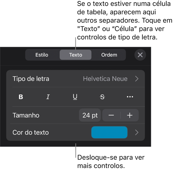 Controlos de texto no menu "Formatação” para definir estilos de parágrafo e carácter, tipo de letra, tamanho e cor.
