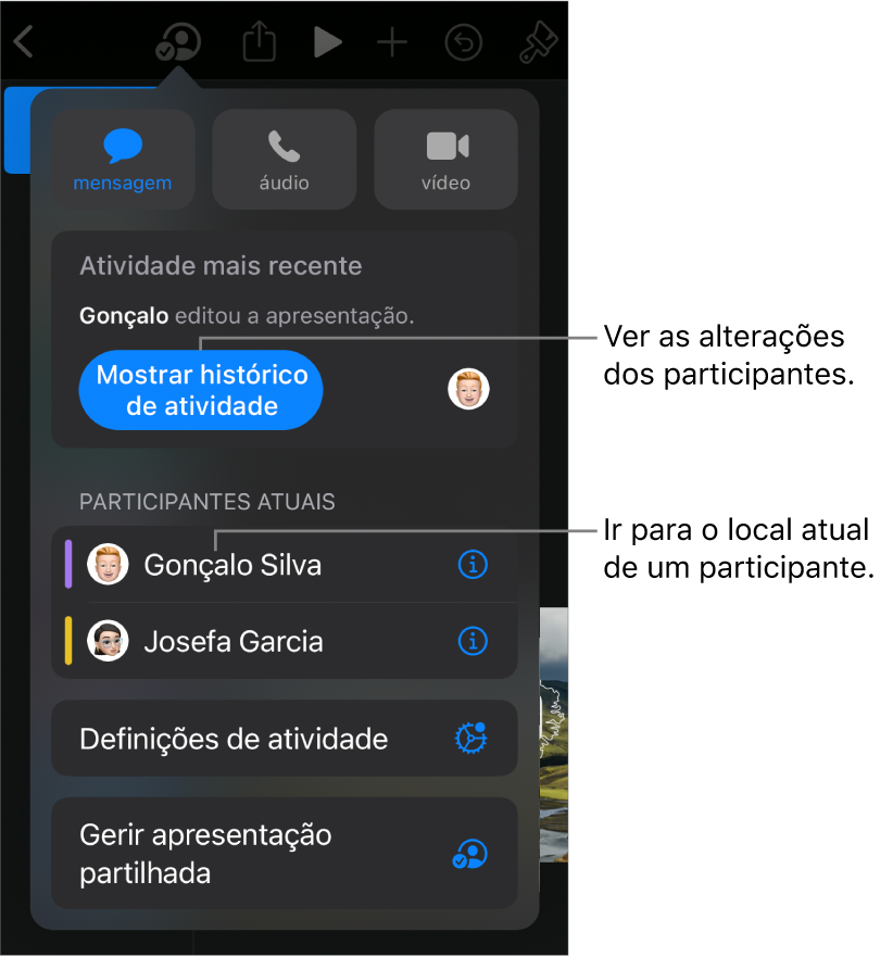 O menu de colaboração com os participantes atuais listados.