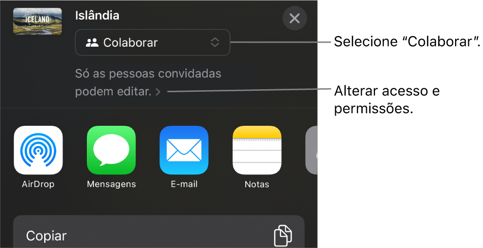 O menu "Partilha” com “Colaboração” selecionada na parte superior e as definições de acesso e permissão por baixo.