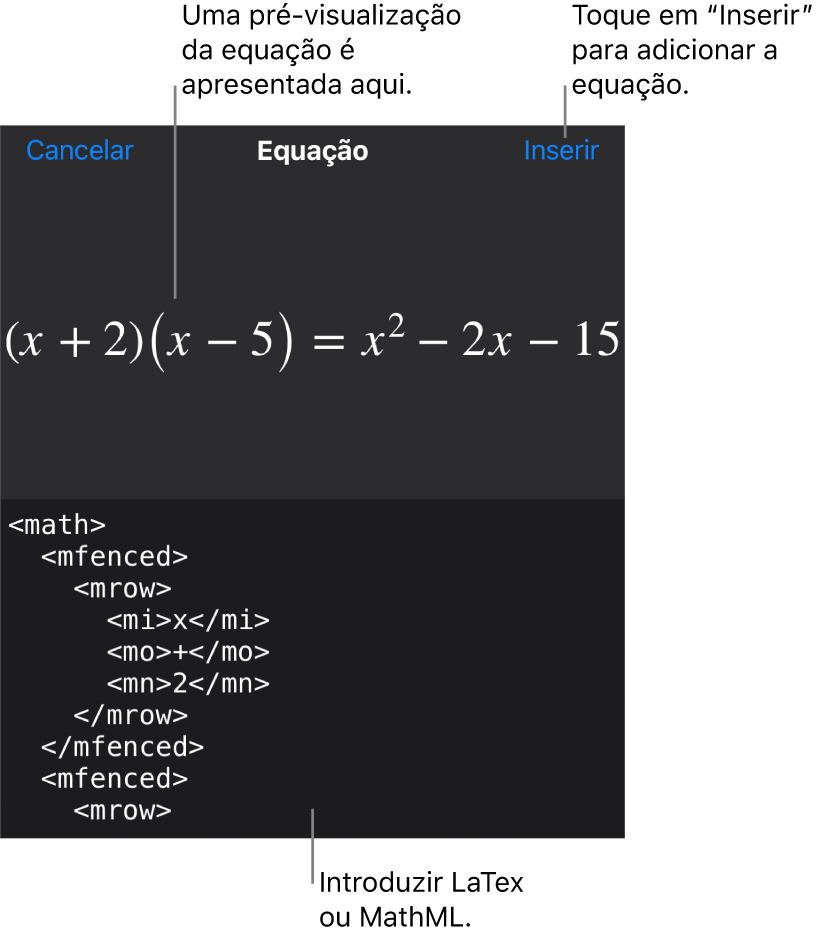 A caixa de diálogo “Equação”, apresentando uma equação escrita com recurso aos comandos MathML e uma pré-visualização da fórmula em cima.