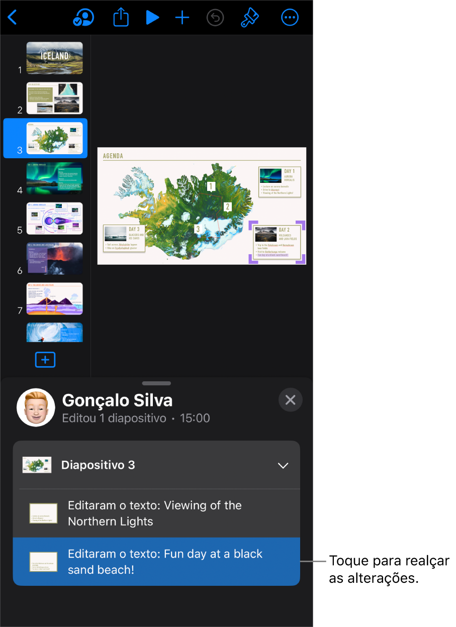Uma apresentação colaborativa com o menu de colaboração e a lista de atividade abertas.