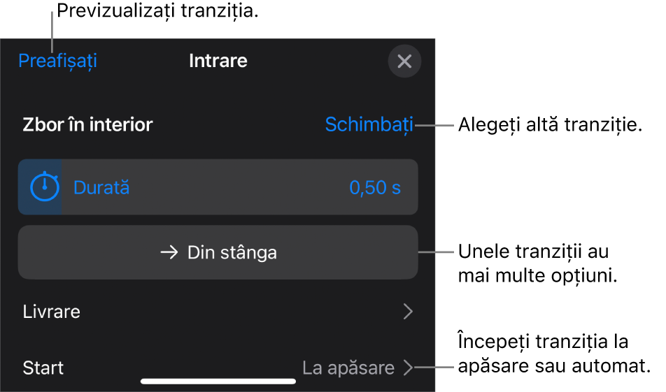 Comenzile din panoul Opțiuni pentru modificarea unei tranziții.