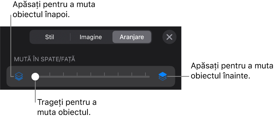 Butonul Deplasare înapoi, butonul Deplasare înainte și glisorul pentru straturi.