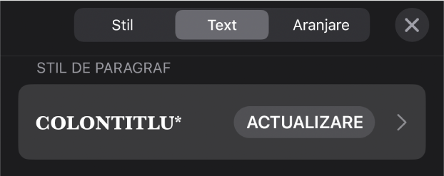 Un stil de paragraf cu un asterisc lângă el și un buton Actualizați în partea dreaptă.