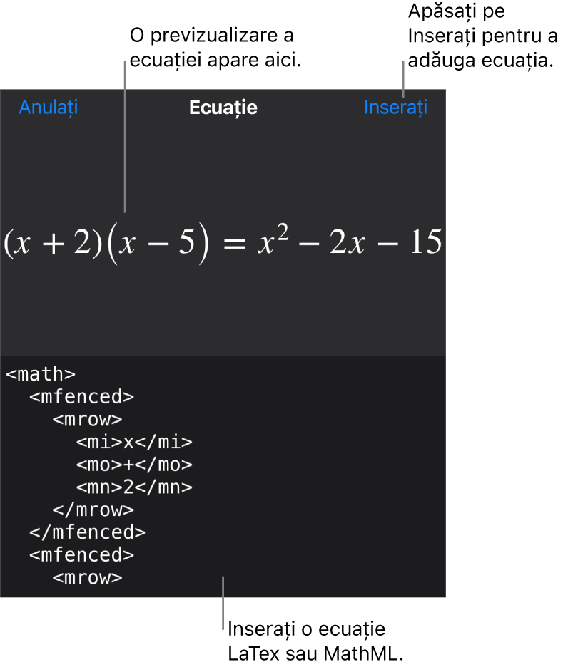 Caseta de dialog Ecuație, afișând o ecuație scrisă cu ajutorul comenzilor MathML și, deasupra, o previzualizare a formulei.