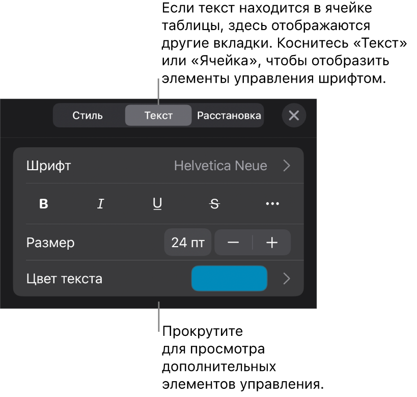 Элементы управления текстом в меню «Формат» для настройки стилей абзацев и символов, шрифта, размера и цвета.