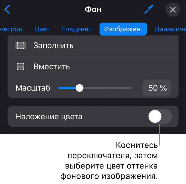 Показаны элементы управления фоном; в качестве фона слайда выбрано изображение, в нижней части расположен элемент управления «Наложение цвета».