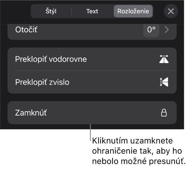 Ovládacie prvky Rozloženie v menu Formát so zvýrazneným tlačidlom Zamknúť.