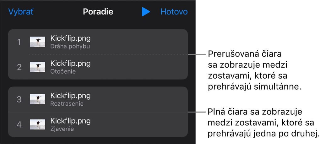 Menu Poradie s prerušovanou čiarou medzi zostavami, ktoré sa prehrávajú simultánne, a neprerušovanou čiarou medzi zostavami, ktoré sa prehrávajú jedna po druhej.
