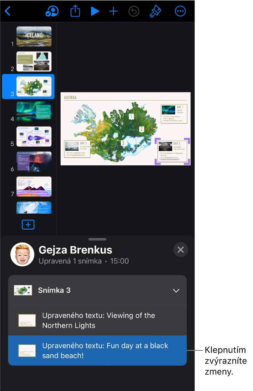 Spoločná prezentácia s otvoreným menu spolupráce a zoznamom aktivít.