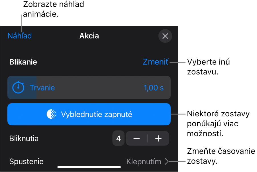 Možnosti zostavy zahŕňajú trvanie a časovanie začiatku. Ak chcete vybrať inú zostavu, klepnite na Zmeniť. Klepnutím na Náhľad zobrazíte náhľad zostavy.