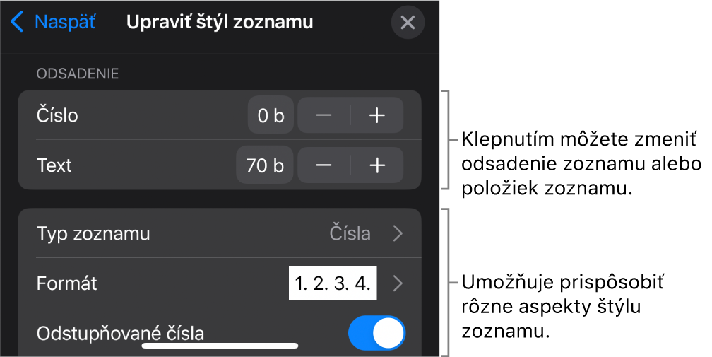 Menu Upraviť štýl zoznamu s ovládacími prvkami na úpravu typu a vzhľadu zoznamu.