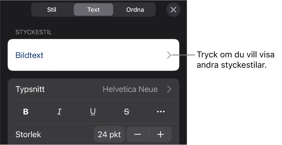 Menyn Format med textreglage för att ställa in stycke- och teckenstilar, typsnitt, storlek och färg.