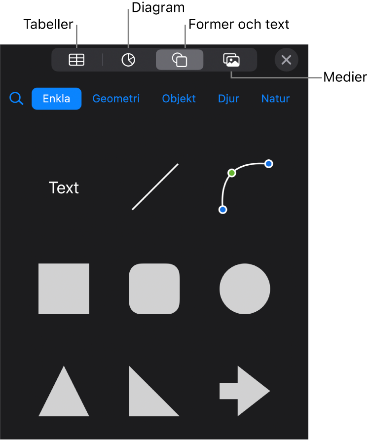 Reglagen för att lägga till ett objekt, med knappar överst för att välja tabeller, diagram, former (inklusive linjer och textrutor) och medier.