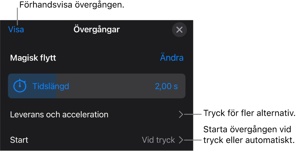 Reglage för Magisk flytt på panelen Övergångar.