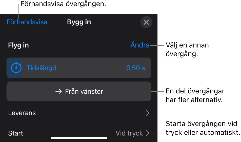 Reglage i panelen Alternativ för att ändra en övergång.