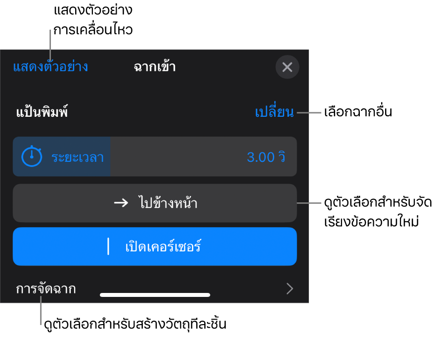 ตัวเลือกฉากรวมถึงระยะเวลา การเคลื่อนไหวข้อความ และการจัดฉาก แตะ เปลี่ยน เพื่อเลือกฉากอื่น หรือแตะ แสดงตัวอย่าง เพื่อแสดงตัวอย่างฉาก