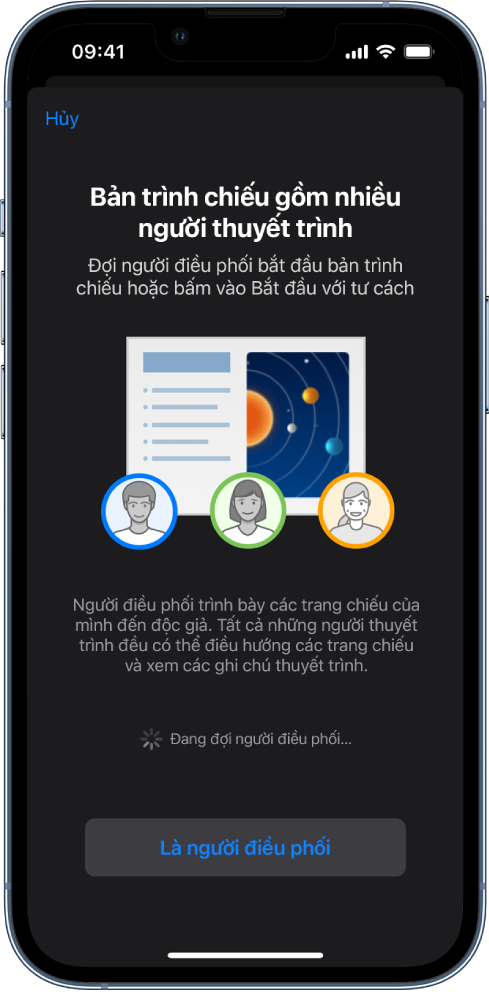 Cửa sổ hiển thị bài thuyết trình gồm nhiều người thuyết trình với nút Là người điều phối ở dưới cùng.