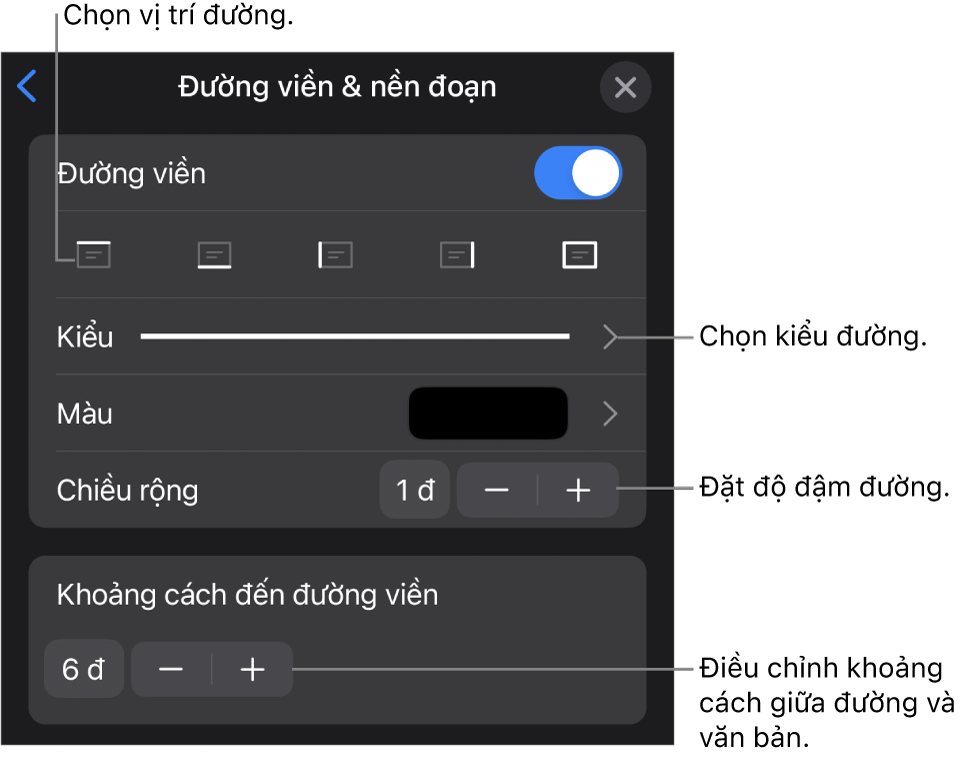 Các điều khiển để thay đổi kiểu đường, độ đậm, vị trí và màu.