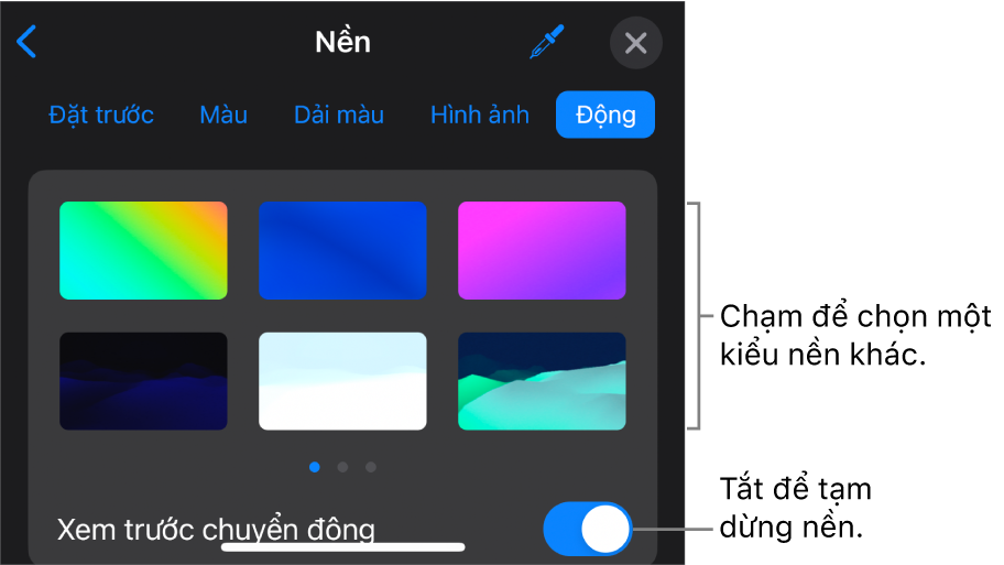 Các điều khiển nền động với các hình thu nhỏ kiểu nền và nút Xem trước chuyển động được hiển thị.