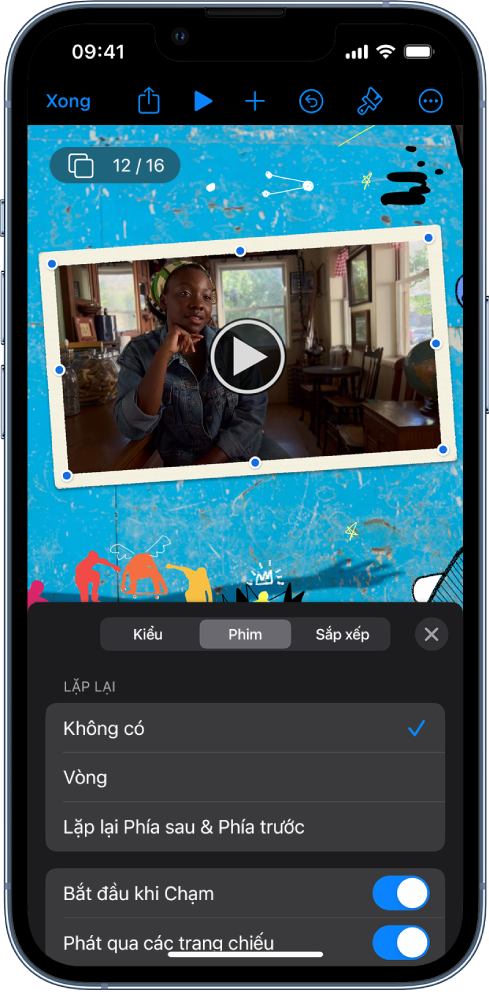 Các điều khiển Định dạng để thay đổi kích cỡ và hình thức của video được chọn. Các nút Kiểu, Phim và Sắp xếp nằm dọc ở đầu các điều khiển.