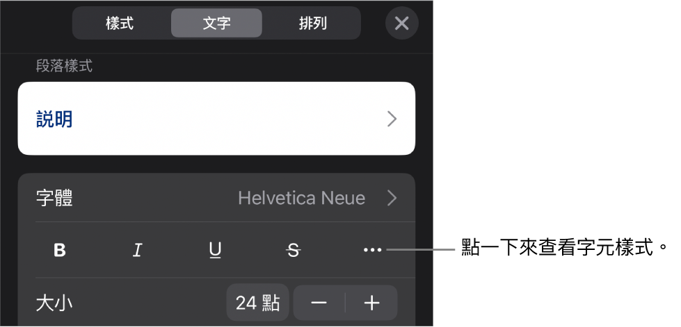 具備段落樣式的「格式」控制項目在最上方，然後是「字體」控制項目。「字體」下方為「粗體」、「斜體」、「底線」、「刪除線」和「更多文字選項」按鈕。