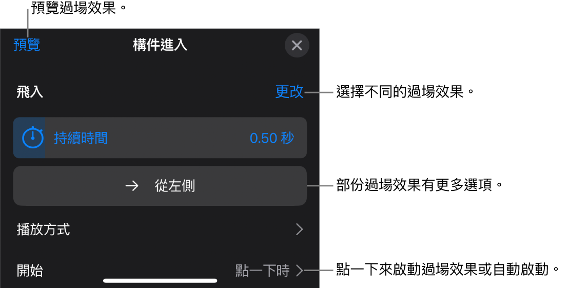 「選項」面板中用於修改過場效果的控制項目。