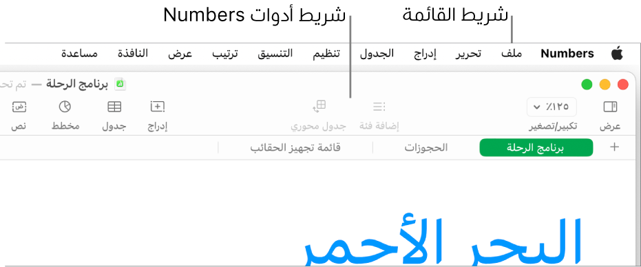شريط القائمة في الجزء العلوي من الشاشة وبه قوائم Apple و Numbers وملف وتعديل وإدراج وجدول وتنظيم وتنسيق وترتيب وعرض ونافذة ومساعدة. أسفل شريط القائمة يوجد جدول بيانات Numbers مفتوح به أزرار شريط الأدوات على طول الجزء العلوي لكل من عرض وتكبير/تصغير وإضافة فئة وجدول محوري وإدراج وجدول ومخطط ونص.