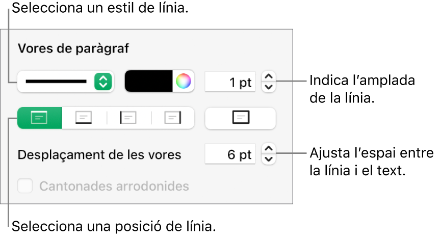 Controls per canviar l’estil, el gruix, la posició i el color de la línia.