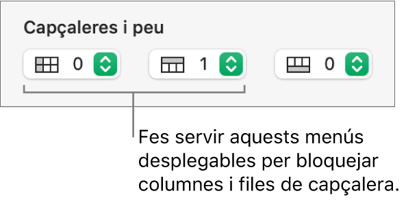 Els menús desplegables per afegir columnes i files de capçalera i de peu a una taula i per bloquejar les files i columnes de capçalera.
