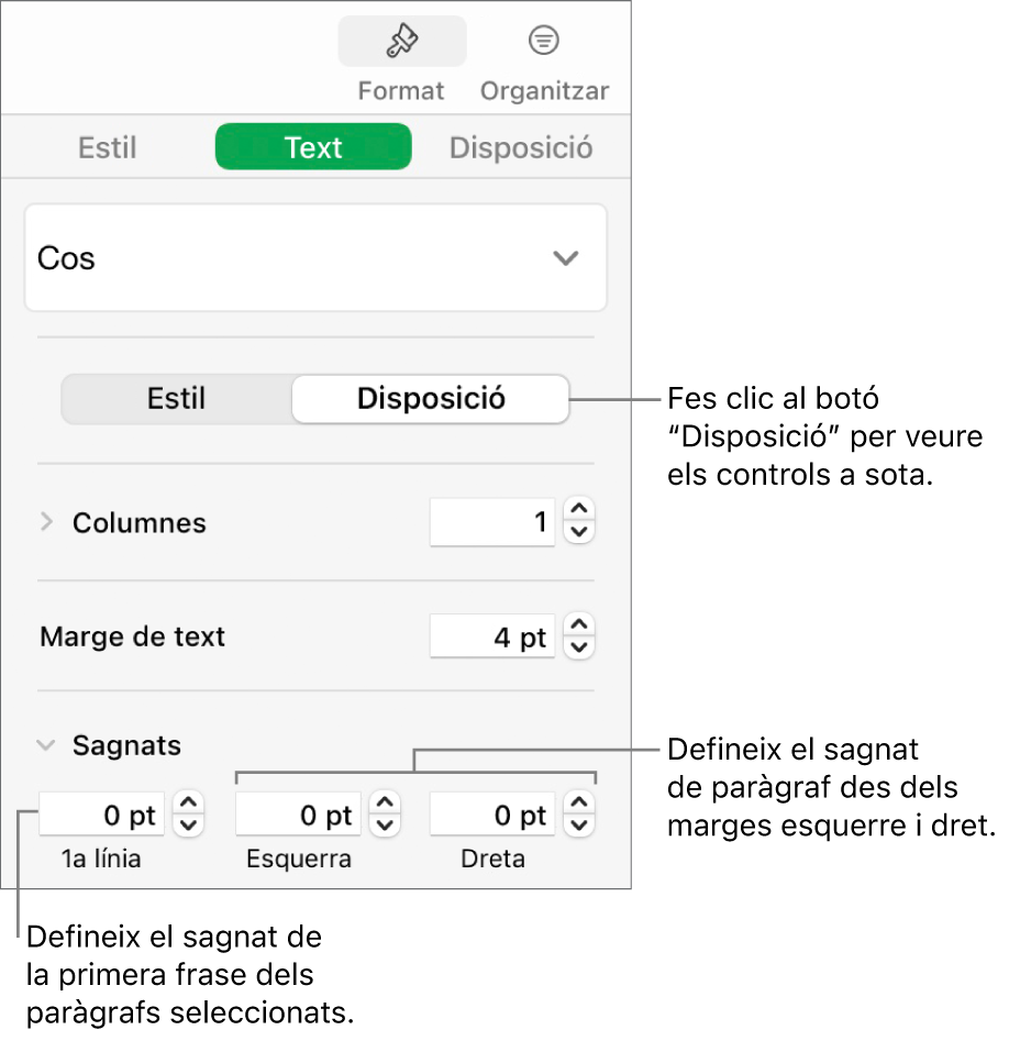 La secció Disposició de la barra lateral Format, amb controls per ajustar el sagnat de la primera línia i els marges de paràgraf.
