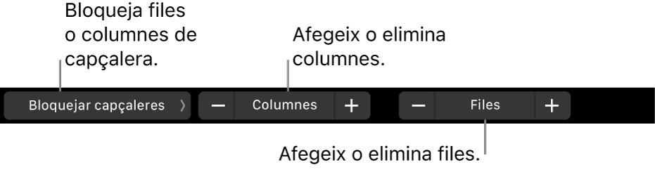 La Touch Bar del MacBook Pro amb controls per bloquejar files o columnes de capçalera, afegir o eliminar columnes i afegir o eliminar files.