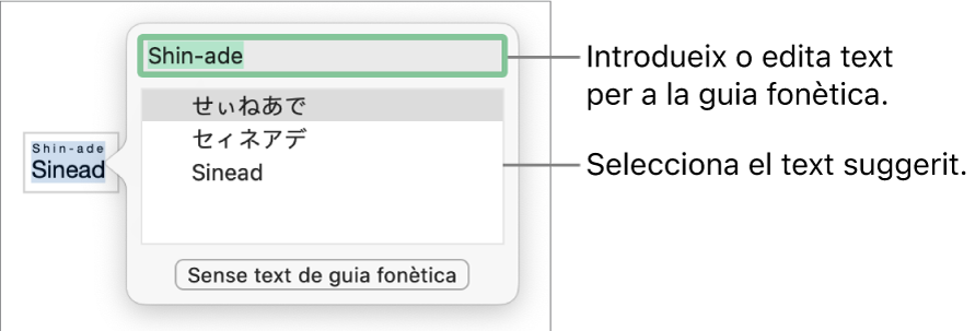 La guia fonètica, oberta per a una paraula, amb llegendes per al camp de text i el text suggerit.