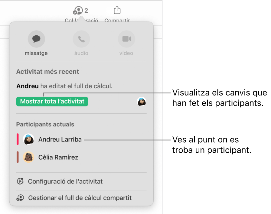 Menú de col·laboració amb una llista de dos participants actuals.
