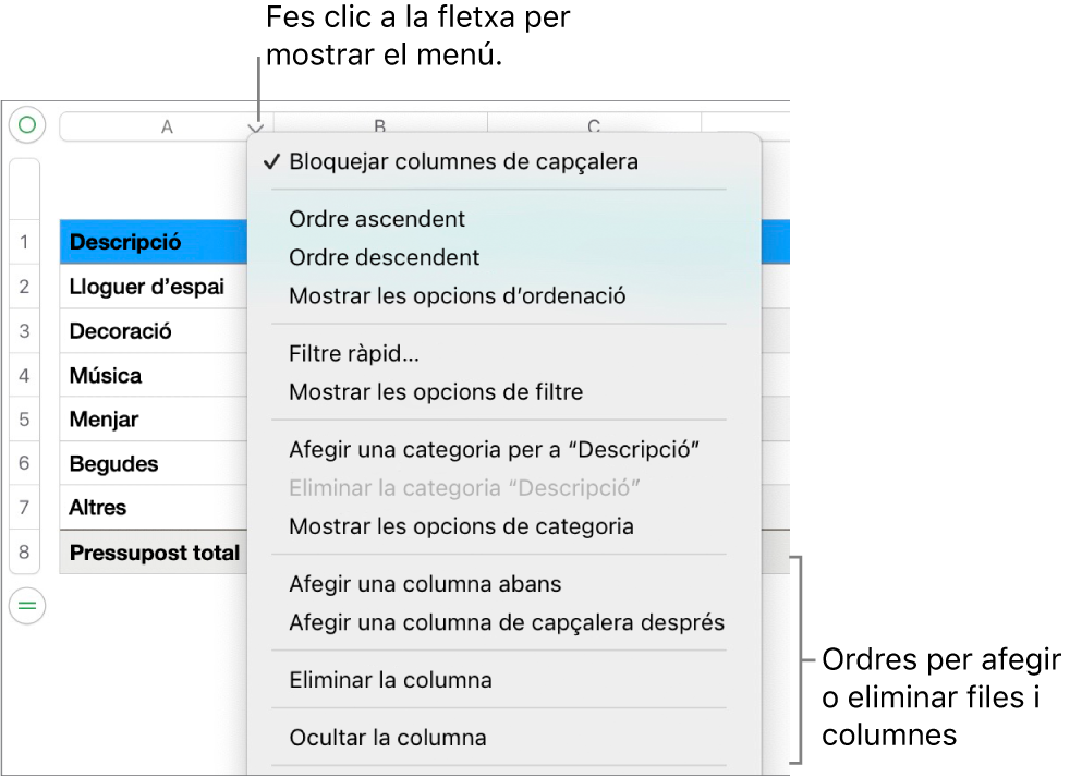 El menú de columna de taula, amb les opcions per afegir o eliminar files i columnes.