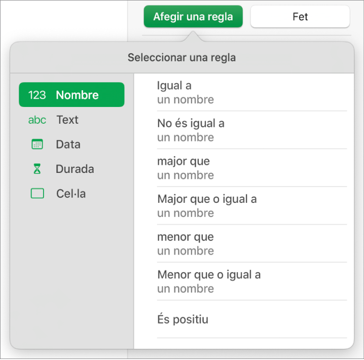 Tipus de regles de ressaltat de cel·la.