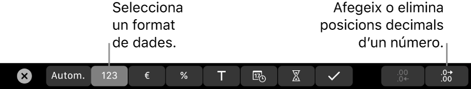 La Touch Bar del MacBook Pro amb controls per seleccionar un format de dades i afegir o eliminar posicions decimals a un número.
