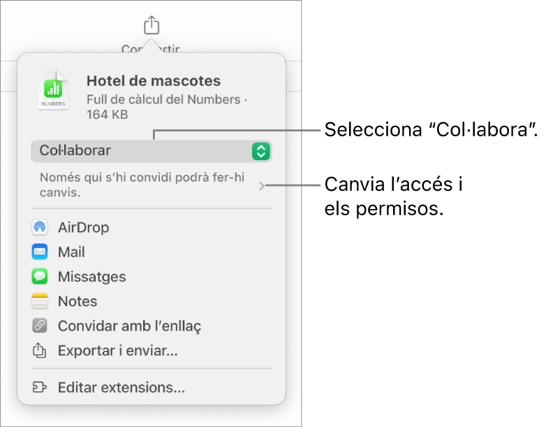 Menú “Comparteix” amb l’opció “Col·labora” seleccionada a la part superior i la configuració dels permisos a sota.