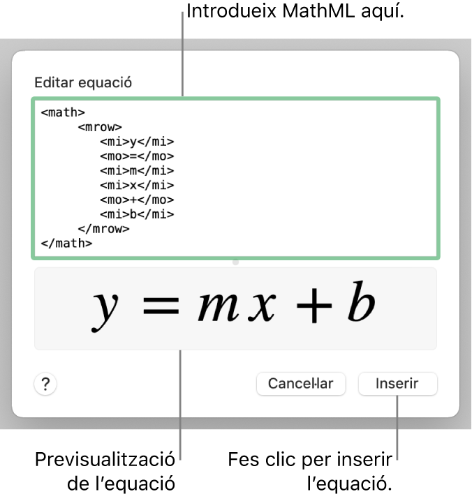 L’equació del pendent d’una línia al camp “Edita l’equació” i una previsualització de la fórmula a sota.