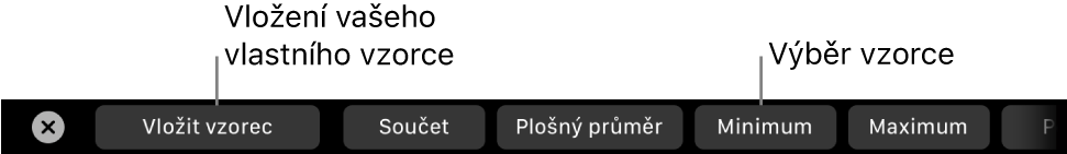 Touch Bar MacBooku Pro s ovládacími prvky pro vložení vlastního vzorce a pro výběr běžně používaných vzorců