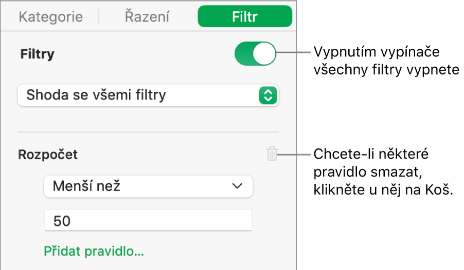 Ovládací prvky pro smazání některého filtru nebo vypnutí všech filtrů