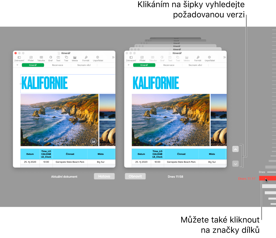 Okno Obnovení s verzemi, které můžete procházet