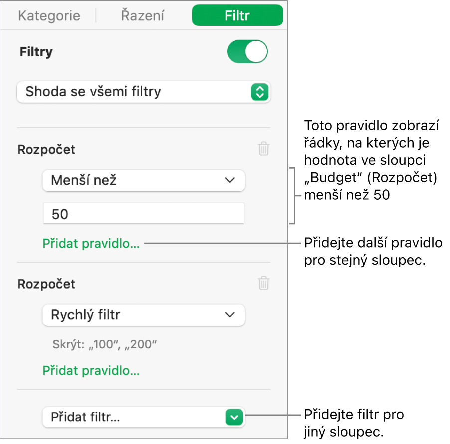 Ovládací prvky pro vytváření pravidel filtrování
