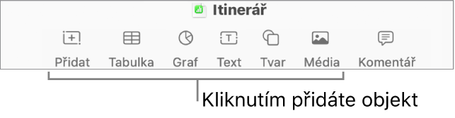 Okno Numbers s popisky tlačítek objektů na panelu nástrojů