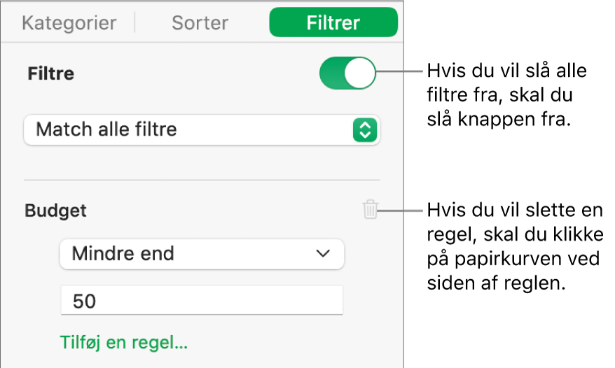 Betjeningsmuligheder til sletning af et filter eller til at slå alle filtre fra.