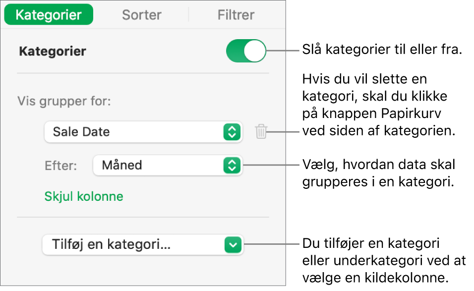 Indholdsoversigten for kategorier med muligheder for at slå kategorier fra, slette kategorier, omgruppere data, skjule en kildekolonne og tilføje kategorier.