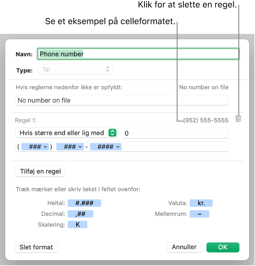 Specielt format til talceller med regler.