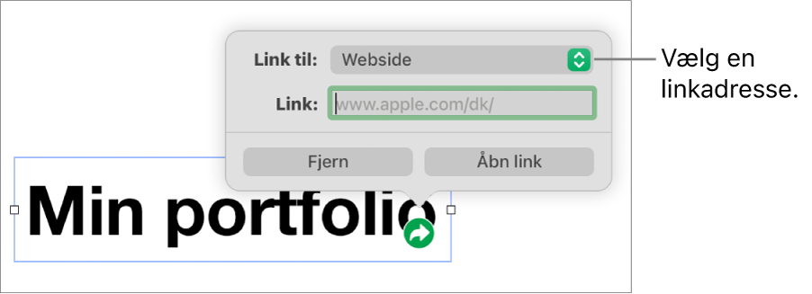 Webside er valgt i betjeningsmulighederne til linkredigering, og nederst er knapperne Fjern og Åbn link.